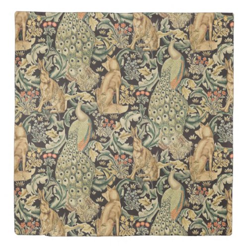 FOREST ANIMALS Fox Peacock Hare In Green Floral  Duvet Cover