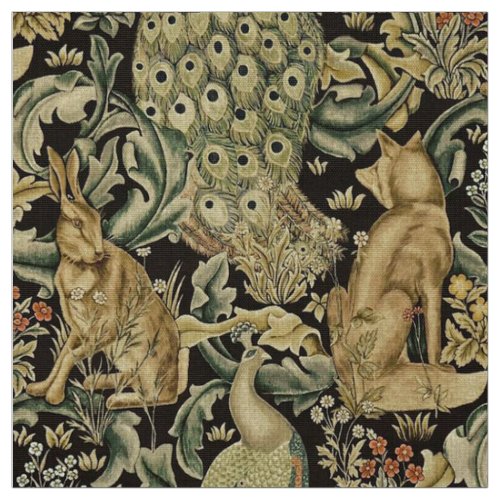 FOREST ANIMALS FOX PEACOCK HARE IN GREEN FLORAL FABRIC