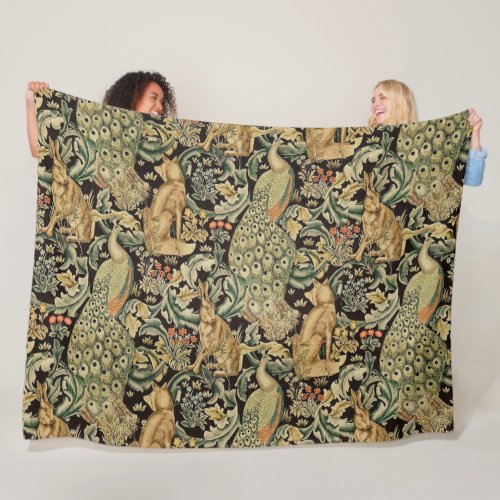 FOREST ANIMALS FOX PEACOCK HARE IN GREEN FLORAL FLEECE BLANKET