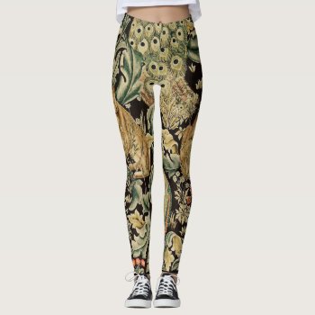 Forest Animals  Fox  Peacock  Hare In Green Floral Leggings by bulgan_lumini at Zazzle