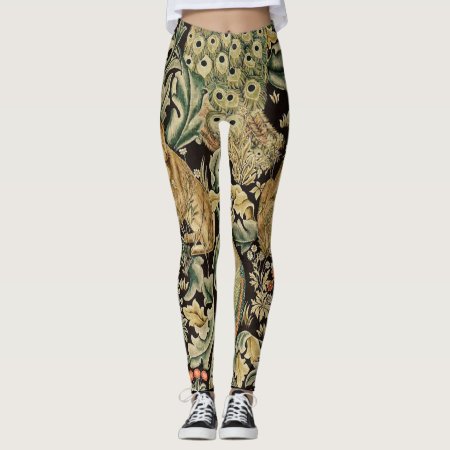 Forest Animals ,fox, Peacock, Hare In Green Floral Leggings