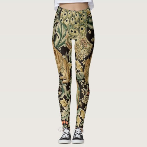 FOREST ANIMALS FOX PEACOCK HARE IN GREEN FLORAL LEGGINGS