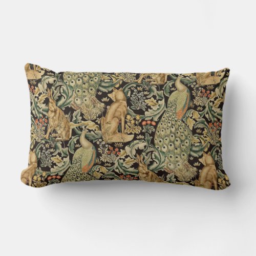FOREST ANIMALS FOX PEACOCK HARE IN GREEN FLORAL LUMBAR PILLOW