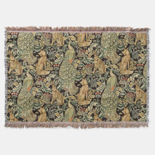 FOREST ANIMALS FOX PEACOCK HARE IN GREEN FLORAL THROW BLANKET