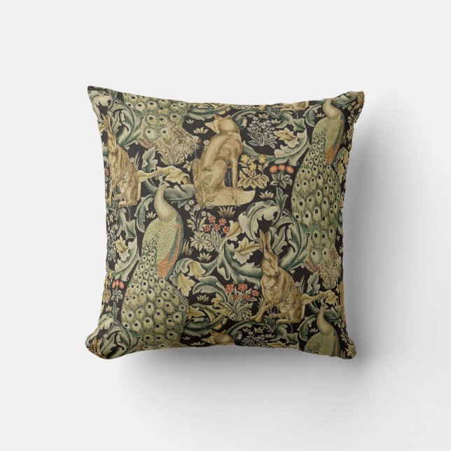 FOREST ANIMALS ,FOX, PEACOCK, HARE IN GREEN FLORAL THROW PILLOW (Front)
