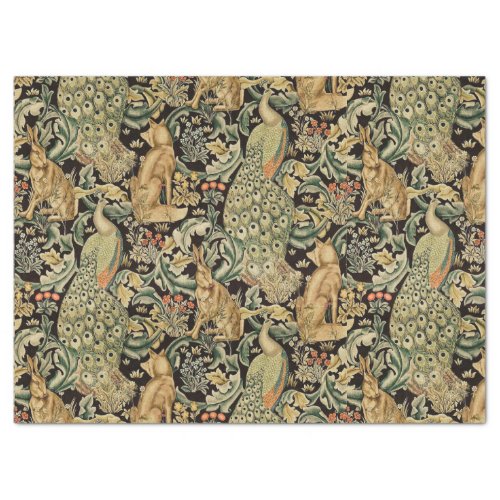 FOREST ANIMALS FOX PEACOCK HARE IN GREEN FLORAL TISSUE PAPER