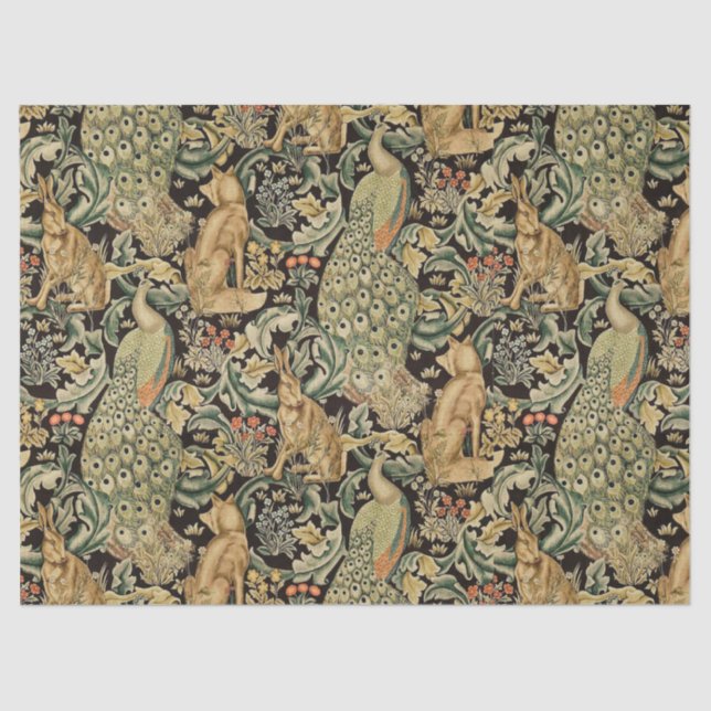 FOREST ANIMALS ,FOX, PEACOCK, HARE IN GREEN FLORAL TISSUE PAPER (Front)