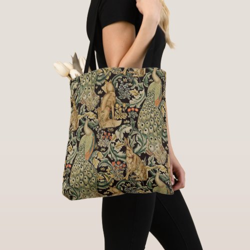 FOREST ANIMALS FOX PEACOCK HARE IN GREEN FLORAL TOTE BAG