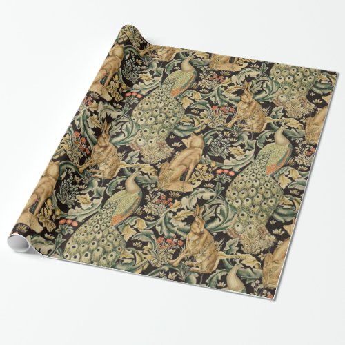 FOREST ANIMALS FOX PEACOCK HARE IN GREEN FLORAL WRAPPING PAPER