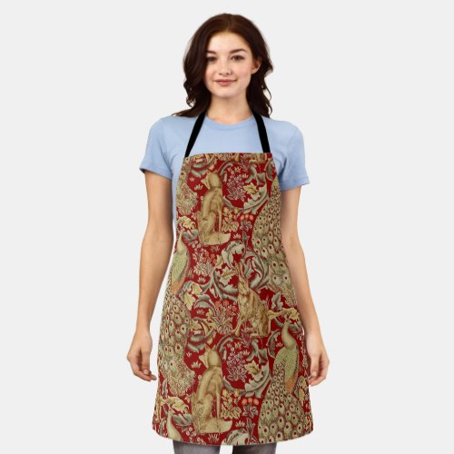 FOREST ANIMALS Fox Peacock Hare In Red Floral  Apron