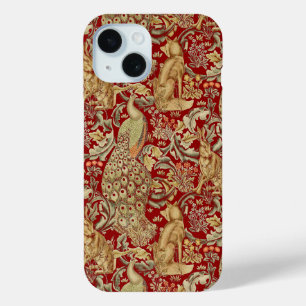 FOREST ANIMALS ,FOX, PEACOCK, HARE IN RED FLORAL iPhone 15 CASE