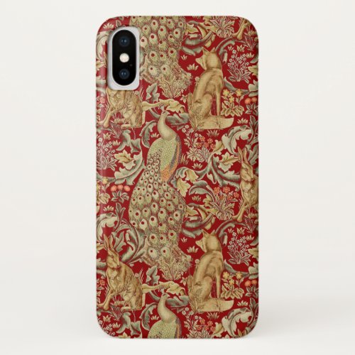 FOREST ANIMALS FOX PEACOCK HARE IN RED FLORAL iPhone XS CASE