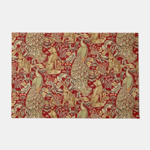 FOREST ANIMALS FOX PEACOCK HARE IN RED FLORAL  DOORMAT