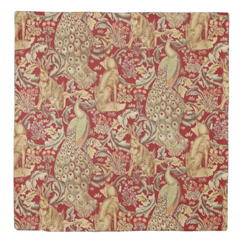 FOREST ANIMALS Fox Peacock Hare In Red Floral Duvet Cover
