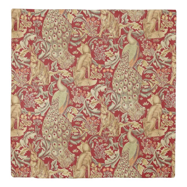 FOREST ANIMALS Fox ,Peacock, Hare In Red Floral Duvet Cover (Front)