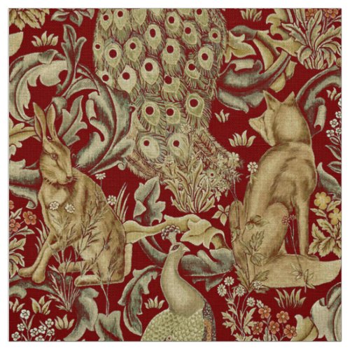 FOREST ANIMALS FOX PEACOCK HARE IN RED FLORAL FABRIC