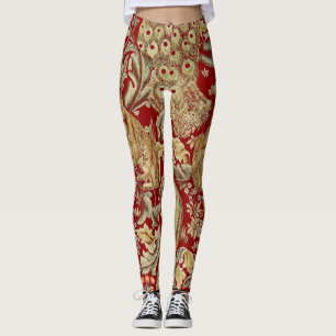 FOREST ANIMALS ,FOX, PEACOCK, HARE IN RED FLORAL LEGGINGS