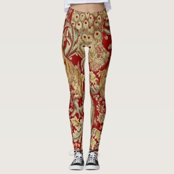 Forest Animals  Fox  Peacock  Hare In Red Floral Leggings by bulgan_lumini at Zazzle