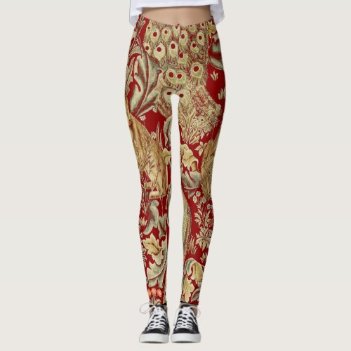 FOREST ANIMALS FOX PEACOCK HARE IN RED FLORAL LEGGINGS