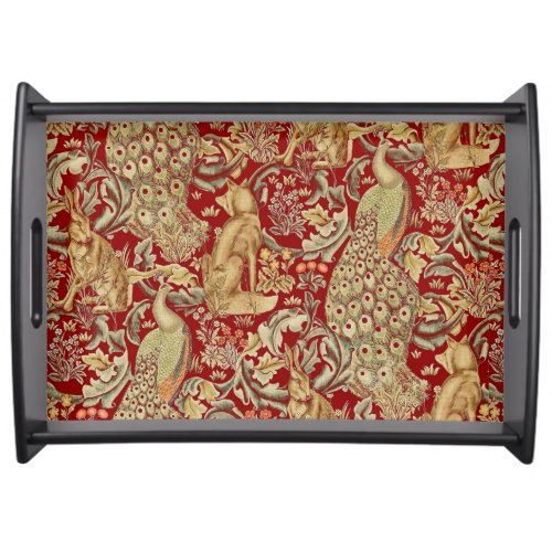 FOREST ANIMALS Fox Peacock Hare In Red Floral Serving Tray