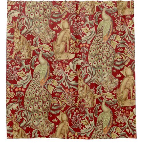 FOREST ANIMALS Fox Peacock Hare In Red Floral Shower Curtain