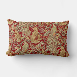 FOREST ANIMALS ,FOX, PEACOCK, HARE IN RED FLORAL T LUMBAR PILLOW