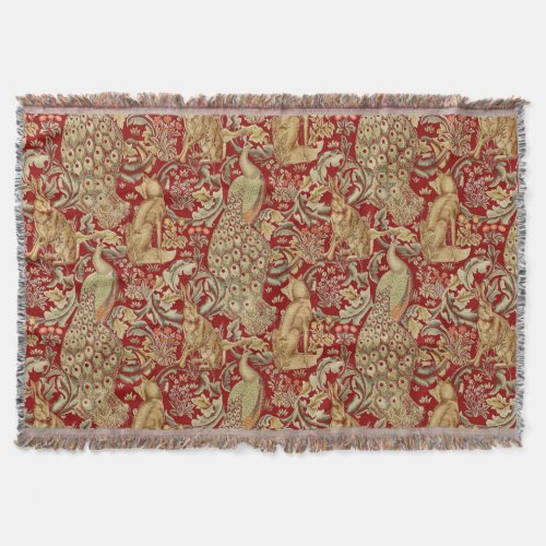 FOREST ANIMALS FOX PEACOCK HARE IN RED FLORAL THROW BLANKET