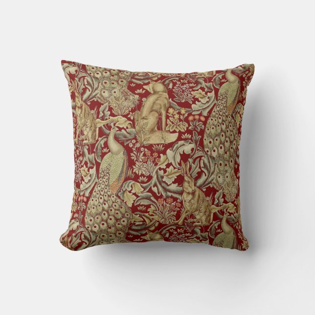 FOREST ANIMALS ,FOX, PEACOCK, HARE IN RED FLORAL THROW PILLOW (Front)