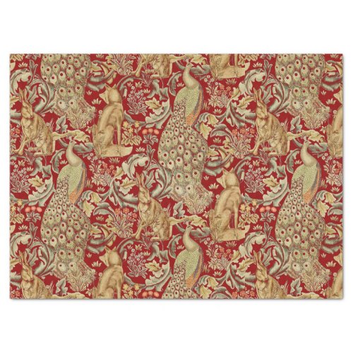 FOREST ANIMALS FOX PEACOCK HARE IN RED FLORAL  TISSUE PAPER