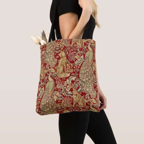 FOREST ANIMALS FOX PEACOCK HARE IN RED FLORAL TOTE BAG