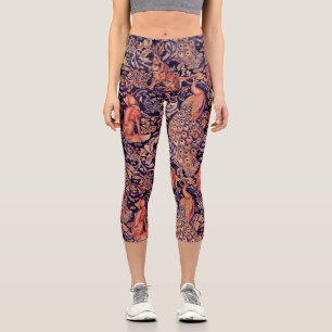 FOREST ANIMALS ,FOX, PEACOCK,HARE PINK BLUE FLORAL CAPRI LEGGINGS