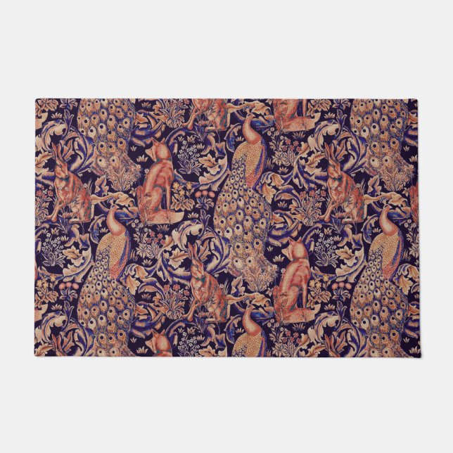 FOREST ANIMALS ,FOX,PEACOCK, HARE PINK BLUE Floral Doormat (Front)