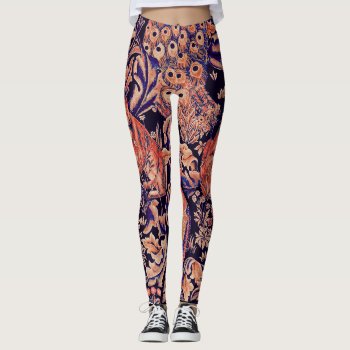 Forest Animals Fox Peacock  Hare  Pink Blue Floral Leggings by bulgan_lumini at Zazzle