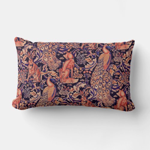 FOREST ANIMALS FOXPEACOCK HARE PINK BLUE FLORAL LUMBAR PILLOW