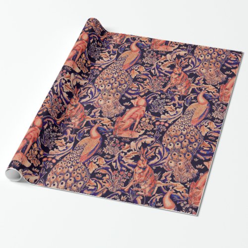 FOREST ANIMALS FOX PEACOCKHAREPINK BLUE FLORAL WRAPPING PAPER