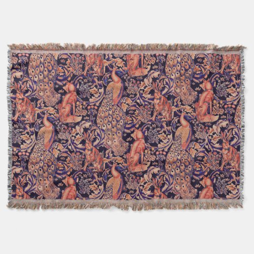 FOREST ANIMALS FOX PEACOCK HARE PINK BLUE THROW BLANKET