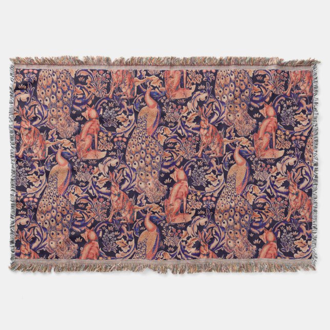 FOREST ANIMALS ,FOX, PEACOCK, HARE PINK BLUE THROW BLANKET (Front)