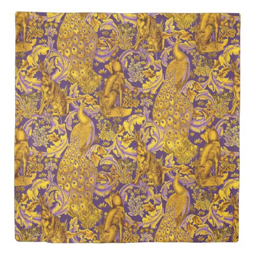 FOREST ANIMALS FoxPeacockHare Purple Gold Floral Duvet Cover