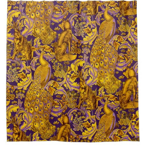 FOREST ANIMALS FoxPeacockHare Purple Gold Floral Shower Curtain