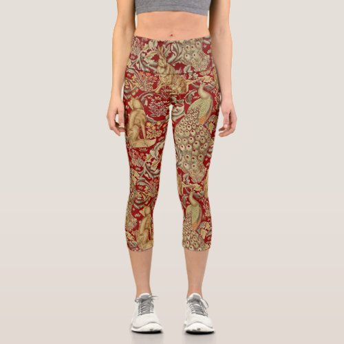 FOREST ANIMALS FOX PEACOCK HARE RED GOLD FLORAL CAPRI LEGGINGS