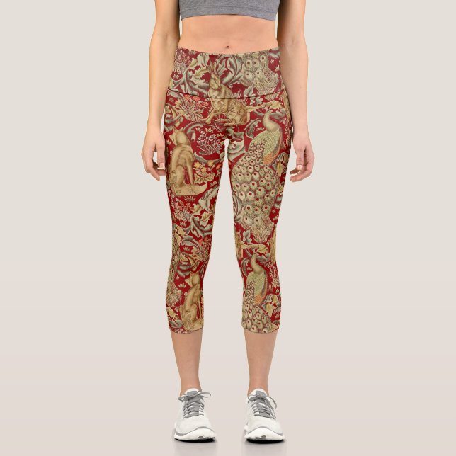 FOREST ANIMALS ,FOX, PEACOCK, HARE RED GOLD FLORAL CAPRI LEGGINGS (Front)