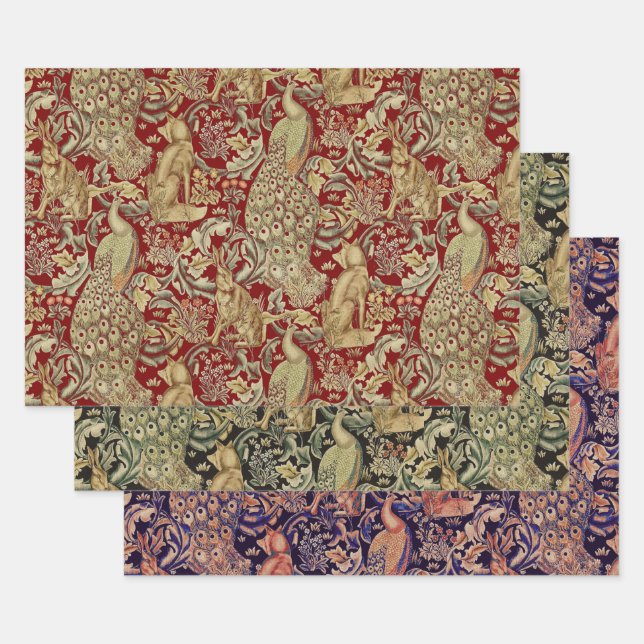 FOREST ANIMALS ,FOX, PEACOCK,HARE,RED GREEN FLORAL WRAPPING PAPER SHEETS (Set)