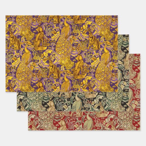 FOREST ANIMALSFOXPEACOCKHARERED YELLOW FLORAL  WRAPPING PAPER SHEETS