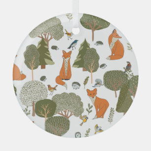 Forest animals: foxes, birds pattern glass ornament