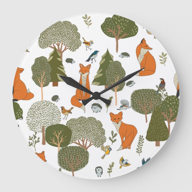 Forest animals: foxes, birds pattern large clock (Front)