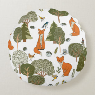 Forest animals: foxes, birds pattern round pillow