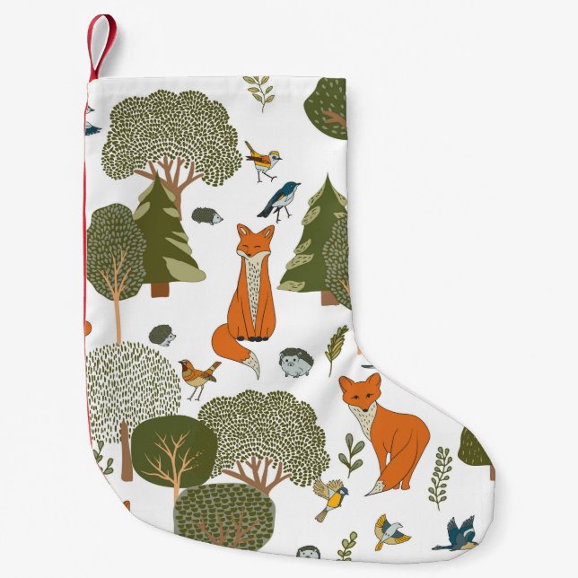 Forest animals: foxes, birds pattern small christmas stocking (Front)