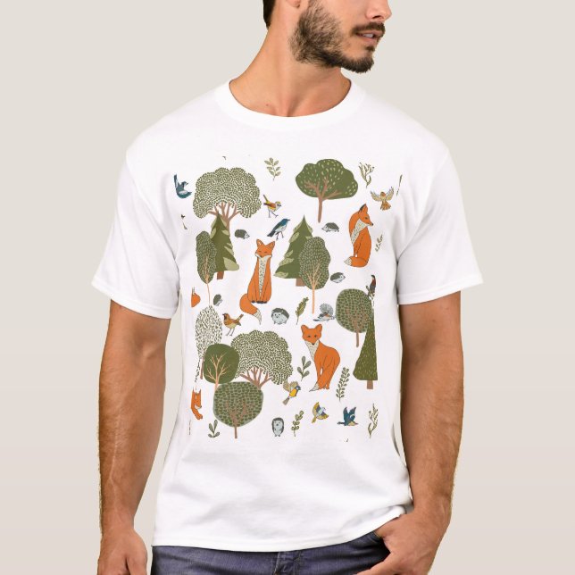Forest animals: foxes, birds pattern T-Shirt (Front)