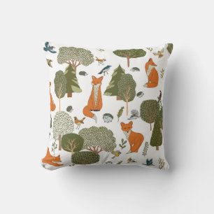 Forest animals: foxes, birds pattern throw pillow