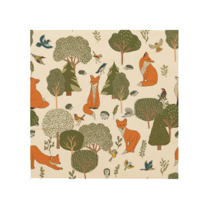 Forest animals: foxes, birds pattern wood wall art